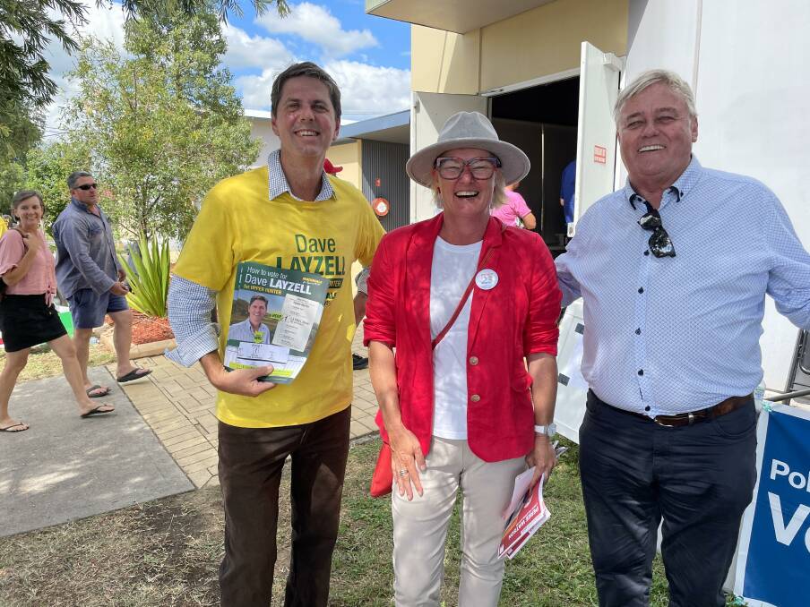 2023: Nationals Dave Layzell, Labor's Peree Watson and Independent Dale McNamara at the Singleton Pre Poll for the state election. Picture Louise Nichols.
