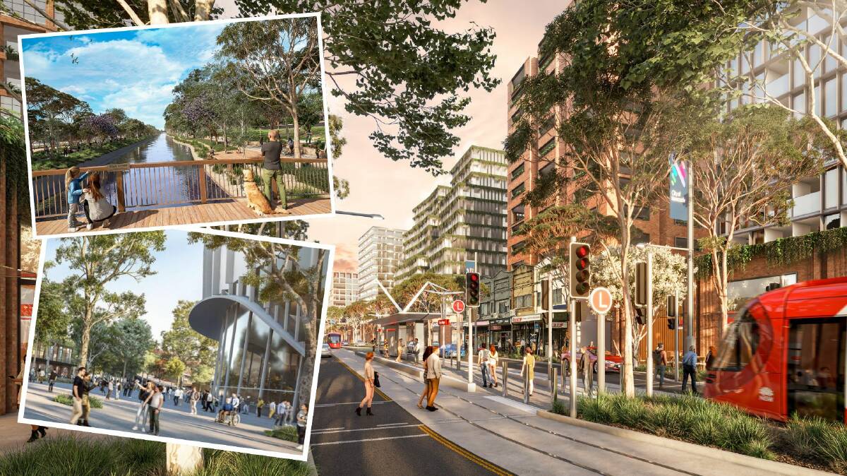 A concept image of the Hunter Park plan showing a new "Nine Ways" light rail stop surrounded by apartment buildings. Image supplied