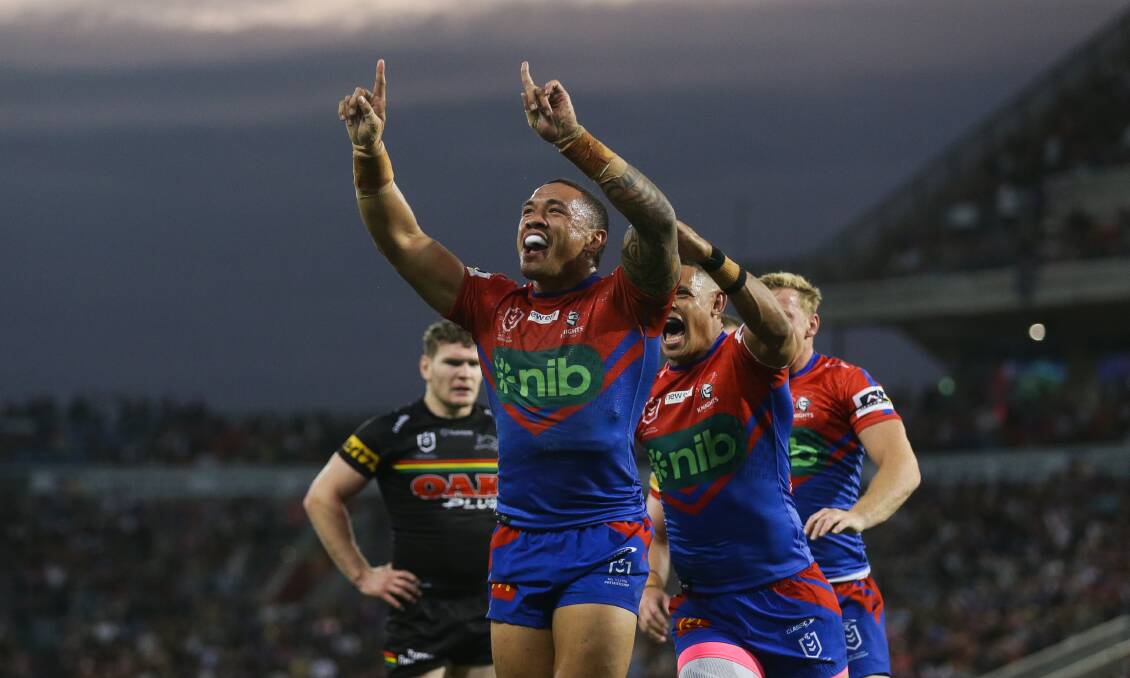 Knights forward Tyson Frizell celebrates a try against Penrith last year. Picture by Jonathan Carroll