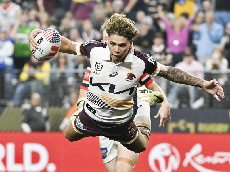 Reece Walsh was airborne but the Broncos' attack lacked its usual spark in Las Vegas. (AP PHOTO)